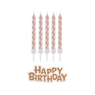   ROSEGOLD TORTAGYERTYA SZETT, SZÁL GYERTYÁK + HAPPY BIRTHDAY FELIRAT
