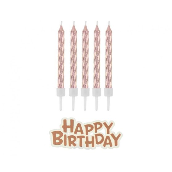ROSEGOLD TORTAGYERTYA SZETT, SZÁL GYERTYÁK + HAPPY BIRTHDAY FELIRAT