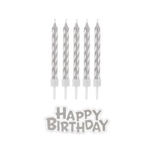   EZÜST TORTAGYERTYA SZETT, SZÁL GYETYÁK + HAPPY BIRTHDAY FELIRAT
