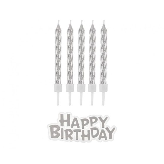 EZÜST TORTAGYERTYA SZETT, SZÁL GYETYÁK + HAPPY BIRTHDAY FELIRAT