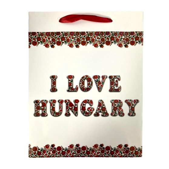SZALAGFÜLES AJÁNDÉKTÁSKA I LOVE HUNGARY FELIRATTAL, KÖZEPES