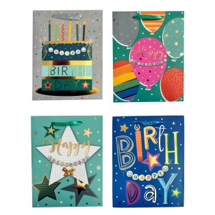   SZALAGFÜLES AJÁNDÉKTÁSKA SZÜLETÉSNAPRA, 4 FÉLE, KÖZEPES