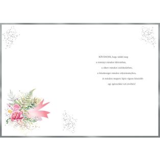   ÜDVÖZLŐLAP BORÍTÉKKAL BALLAGÁSRA, RÓZSASZÍN-FEHÉR VIRÁGOS