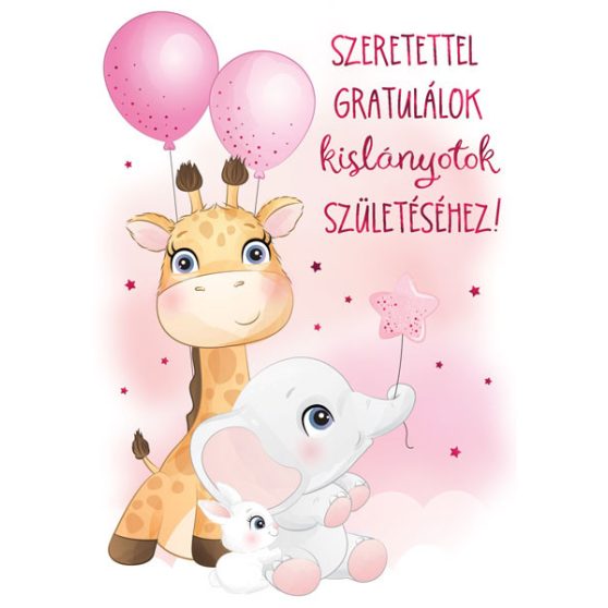ÜDVÖZLŐLAP BORÍTÉKKAL BABASZÜLETÉSRE, ZSIRÁFOS, RÓZSASZÍN