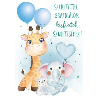 ÜDVÖZLŐLAP BORÍTÉKKAL BABASZÜLETÉSRE, ZSIRÁFOS, KÉK
