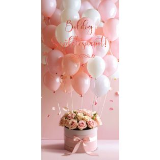   ÜDVÖZLŐLAP BORÍTÉKKAL SZÜLETÉSNAPRA, RÓZSASZÍN FEHÉR LUFIK