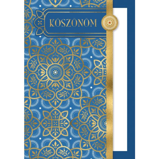 ÜDVÖZLŐLAP BORÍTÉKKAL KÖSZÖNÖM FELIRATTAL, KÉK-ARANY