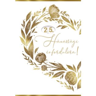   ÁLLÍTHATÓ ÉVSZÁMOS ÜDVÖZLŐLAP BORÍTÉKKAL ÉVFORDULÓRA, ARANY VIRÁGOS