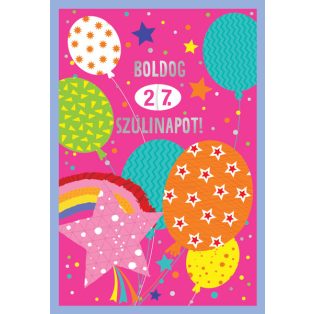   ÜDVÖZLŐLAP BORÍTÉKKAL SZÜLETÉSNAPRA ÁLLÍTHATÓ ÉVSZÁMMAL, RÓZSASZÍN LUFIS