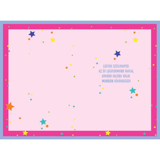 ÜDVÖZLŐLAP BORÍTÉKKAL SZÜLETÉSNAPRA ÁLLÍTHATÓ ÉVSZÁMMAL, RÓZSASZÍN LUFIS