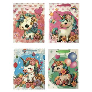   SZALAGFÜLES AJÁNDÉKTÁSKA UNIKORNIS MINTÁVAL, 4 FÉLE, NAGY