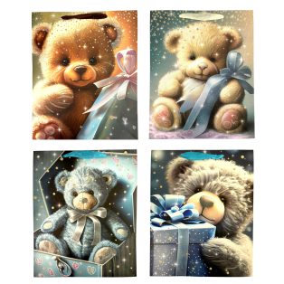 SZALAGFÜLES AJÁNDÉKTÁSKA MACI MINTÁVAL, 4 FÉLE, NAGY