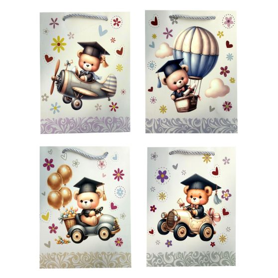 ZSINÓRFÜLES AJÁNDÉKTÁSKA BALLAGÓ MACI MINTÁVAL, 4 FÉLE, KÖZEPES