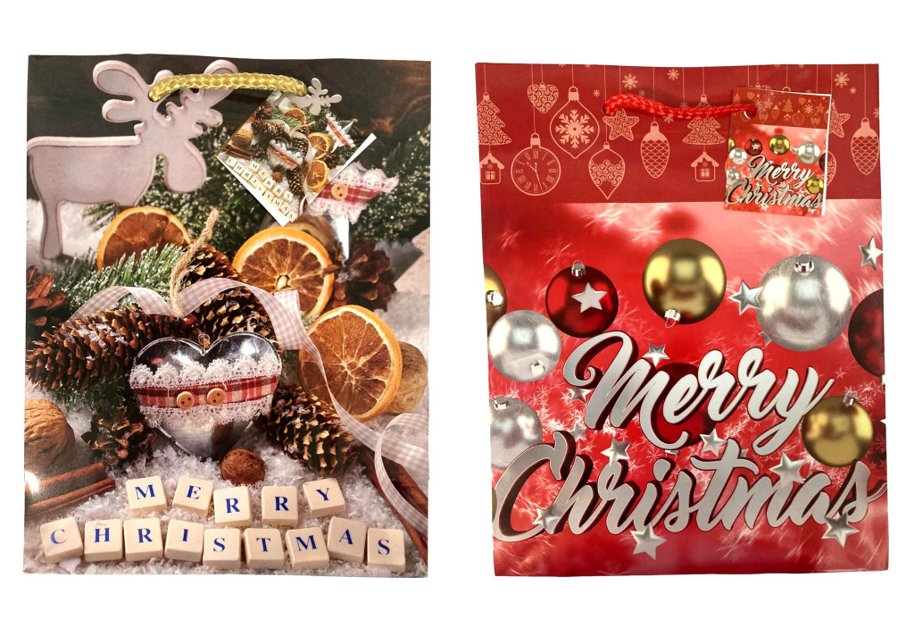 KARÁCSONYI ZSINÓRFÜLES AJÁNDÉKTÁSKA, MERRY CHRISTMAS, 2 FÉLE, KÖZEPES